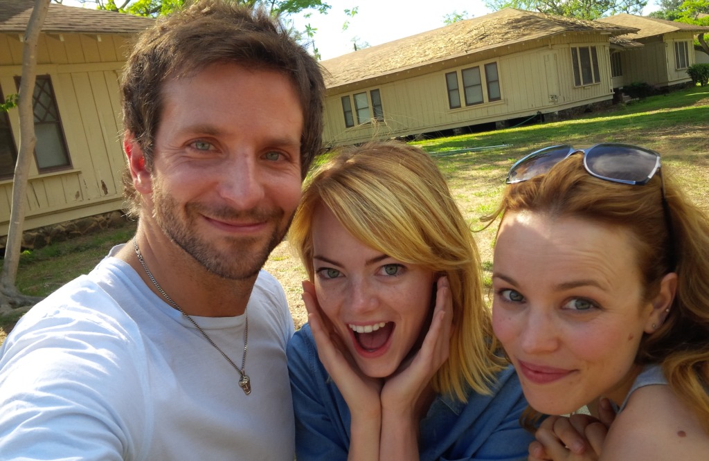 Candid image of Aloha stars Bradley Cooper, Emma Stone and Rachel McAdams